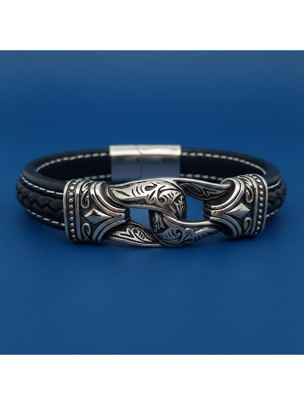 Men's Stainless Steel Carved Leather Bracelet - 9.45 inches